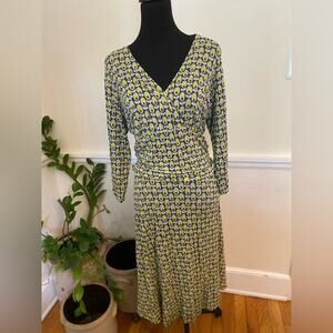 Boden Long Sleeve Dress with Yellow and Blue Pattern